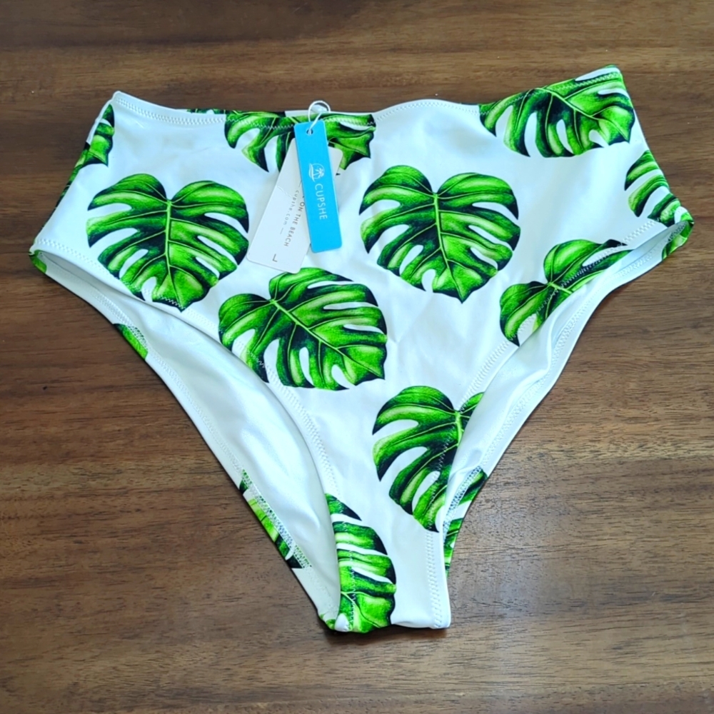 NWT Women's LARGE Palm Leaf White High Waisted Rise Bikini Swim Bottom CUPSHE